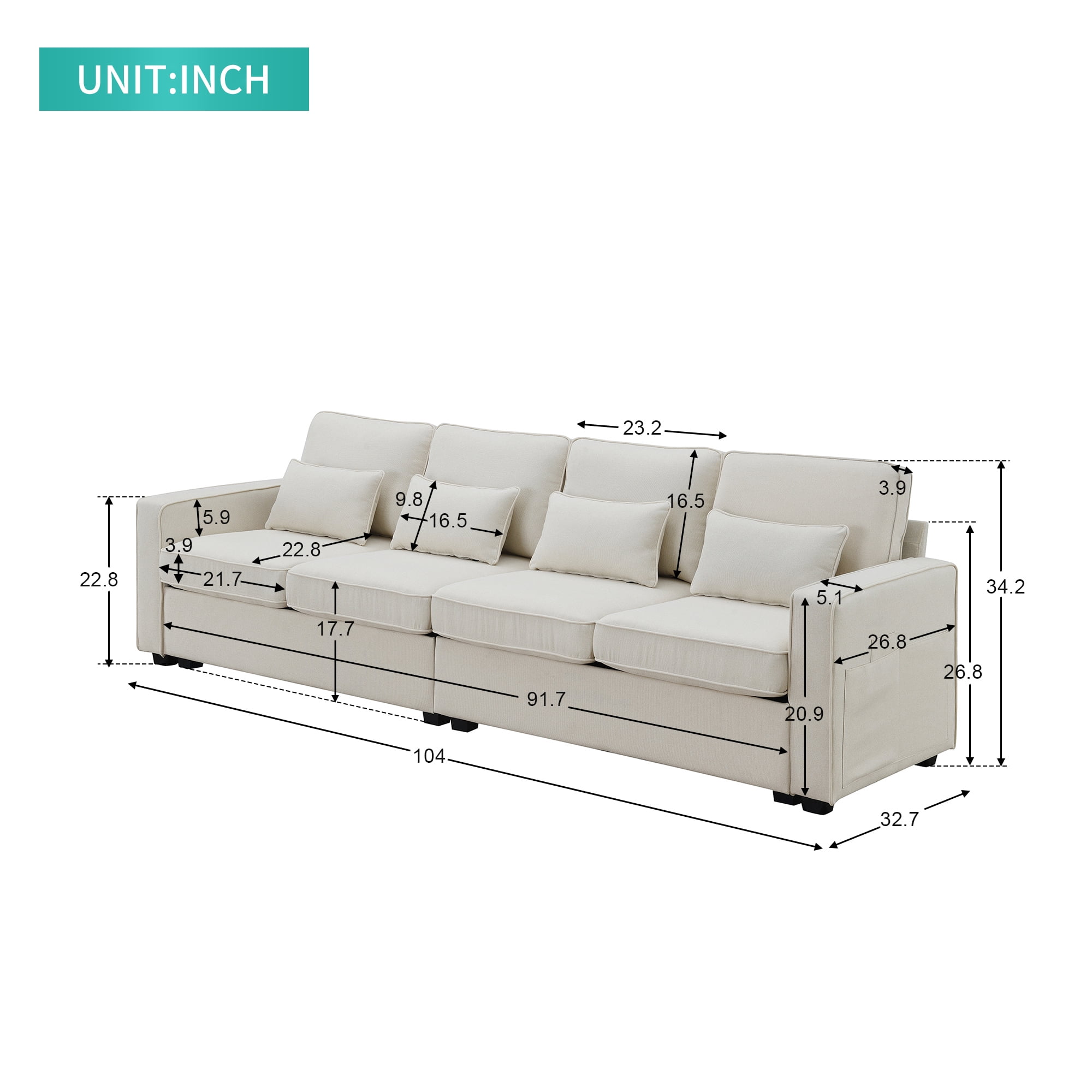Leumius 104" Sectional Sofa, Modern Linen Fabric 4-Seater Sofa Couch with 4 Pillows, Minimalist Style Couch for Living Room, Apartment, Office, Beige