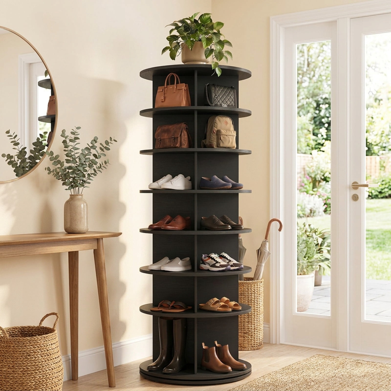 Furnibear 7 Tier Rotating Shoe Rack Tower Freestanding Spinning Shoe Organizer for Entryway Closet and Bedroom Corners, Black