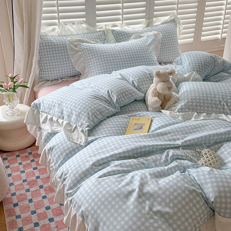 Blue Gingham Ruffle Duvet Cover Queen Size Comforter Cover Set Vintage Plaid Checkered Farmhouse Bedding Set 89"x89" 3 Pieces