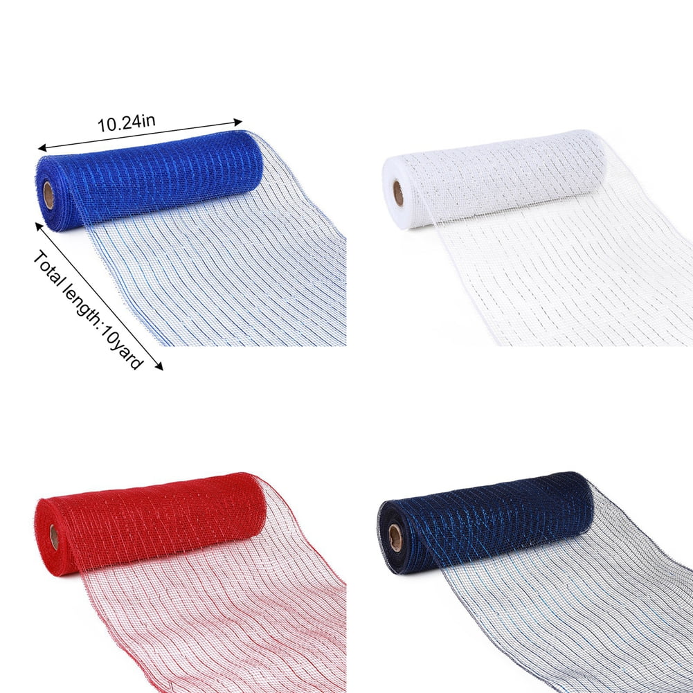 4 Rolls Poly Deco Mesh 10 inch x 10 Yards Each Roll, Metallic Foil Mesh Ribbon Blue/White/Red/Navy Set for Festival Wreaths, Swags, Craft, Party and Decorating Supplies