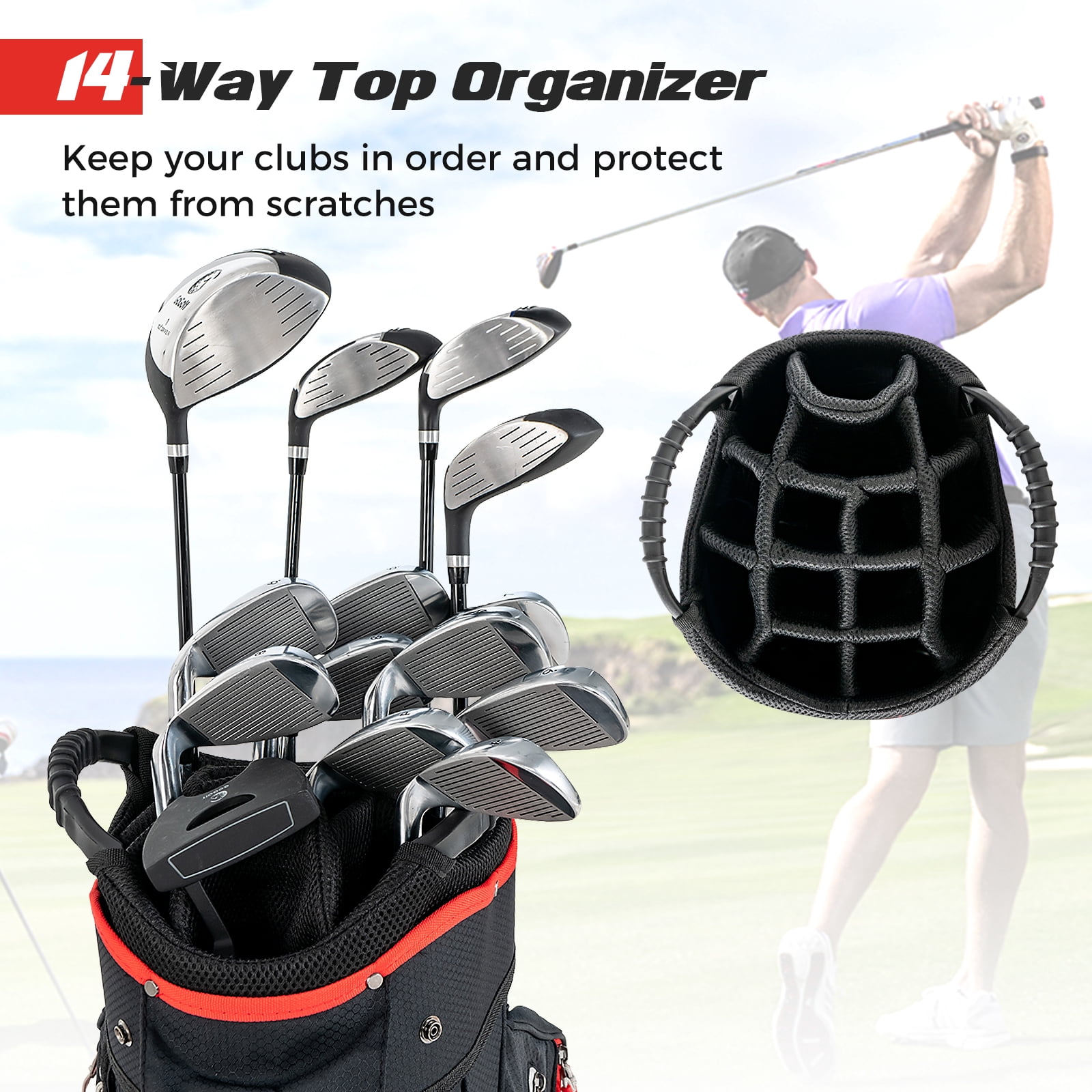 Topbuy Golf Cart Bag Lightweight Portable Golf Club Bag with 14-Way Dividers 8 Zippered Pockets Including Cooler Bag Rain Hood and Shoulder Strap for Men Women Black