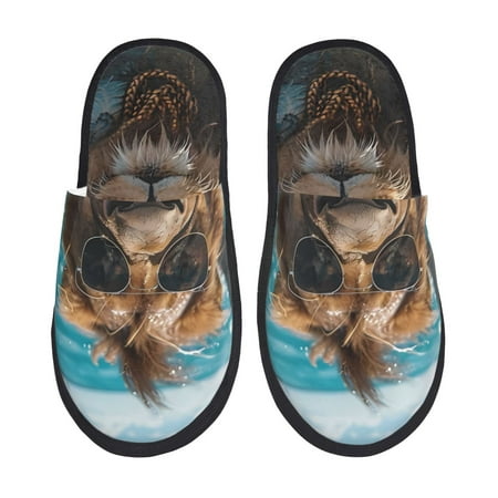 

Noikeo Hawaiian Swimming Lion Pattern Cozy Slippers Indoor for Women and Mens Fuzzy House Shoes Soft Plush Warm Slip-on Slippers-Medium