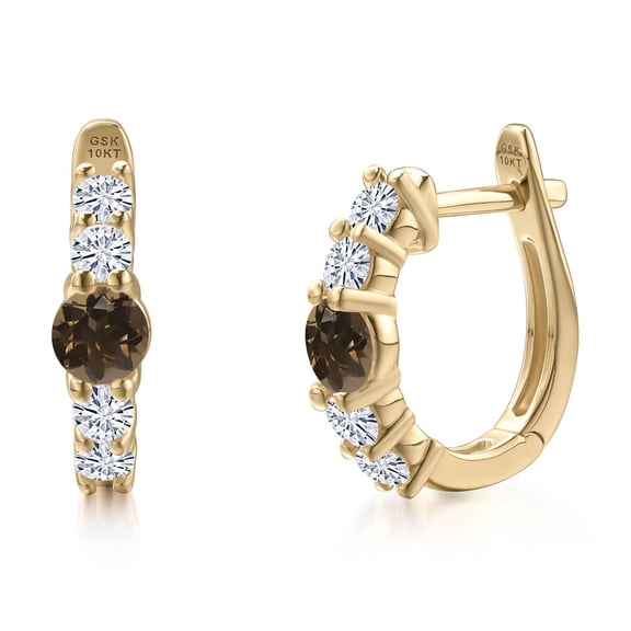 Gem Stone King 10K Yellow Gold Brown Smoky Quartz and White Moissanite Hoop Earrings for Women | 1.02 Cttw | Gemstone Birthstone | Round 4MM