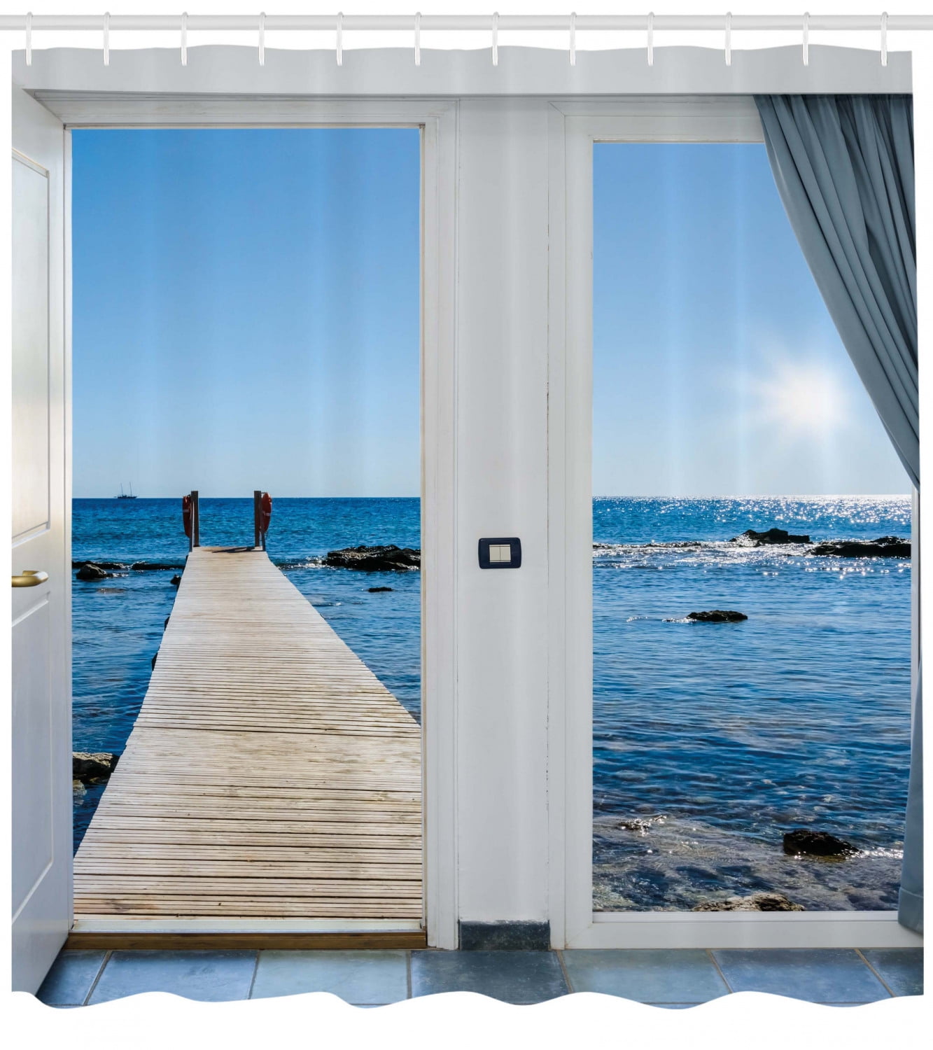 Beach Shower Curtain, Coastal Theme with the Ocean Sea Sunny Day