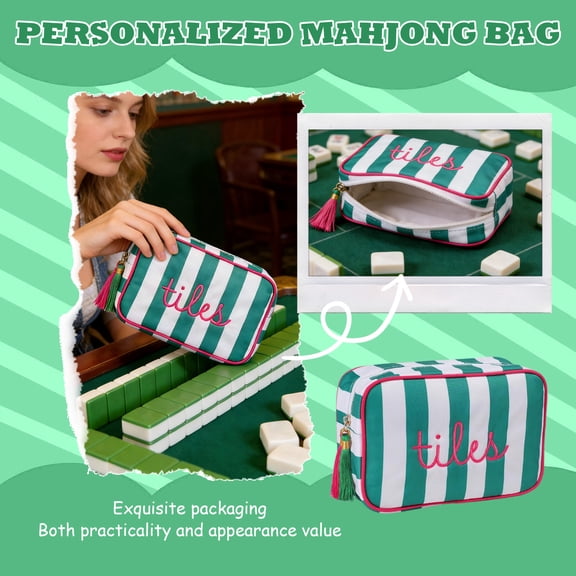 Zippered Mahjong Tile Storage Bag, Portable Mahjong Tile Organizer With Handle And Tassel, Suitable For Board Game Accessories, Game Parties, And Travel, 9.4 X 6.3 X 7.87 Inches (Green).