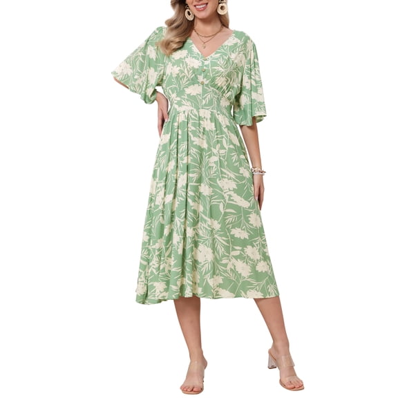 INSPIRE CHIC Floral Midi Dress for Women's Casual Summer Ruffle Sleeve V Neck A Line Beach Vacation Boho Dresses S Green