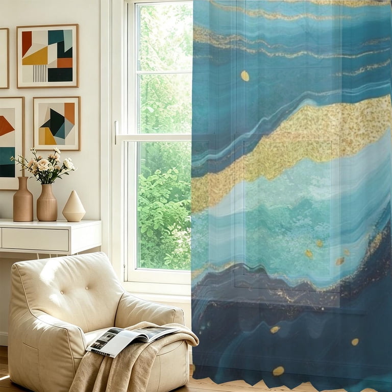 Blue Patternws Blue and Gold Marble Pattern Sheer Curtains, Voile Drapes with Dual Rod ...