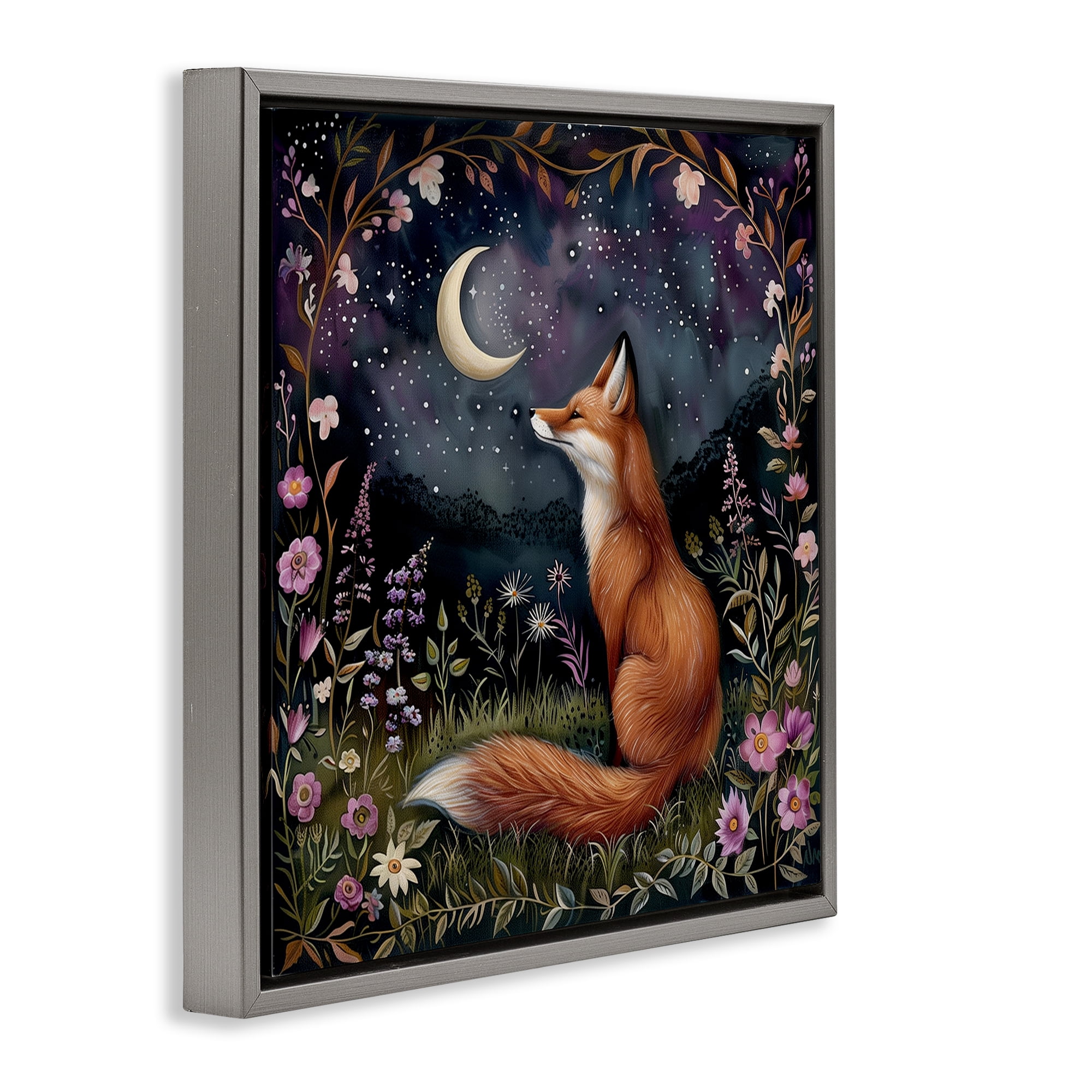 Stupell Industries Woodland Fox Night Forest Animals Painting Gray Floater Framed Canvas Art Print Wall Art, 25 x 25