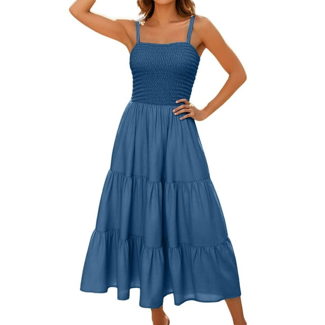 Lenpel Sundresses for Women Spaghetti Strap Square Neck Pleated Tiered Ruffle A-Line Midi Dresses Flowy Summer Dresses