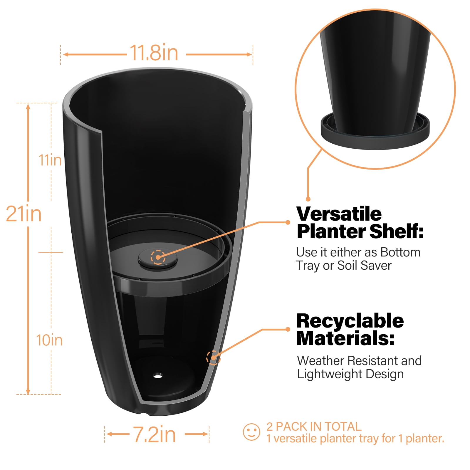 FIASON 2 Pack 21 Inch Glossy Black Tall Planters, Modern Flower Pots with Drainage Holes & Saucers, Indoor Outdoor Planters for Front Porch Patio Garden