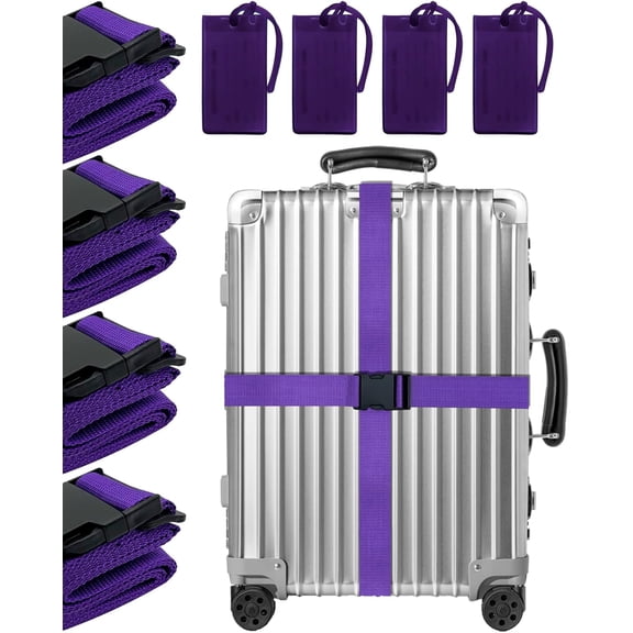 Luggage Straps and Tags Set, Adjustable Suitcase Belts Silicone Luggage Tags with Name ID Card for Travel Accessories - Purple