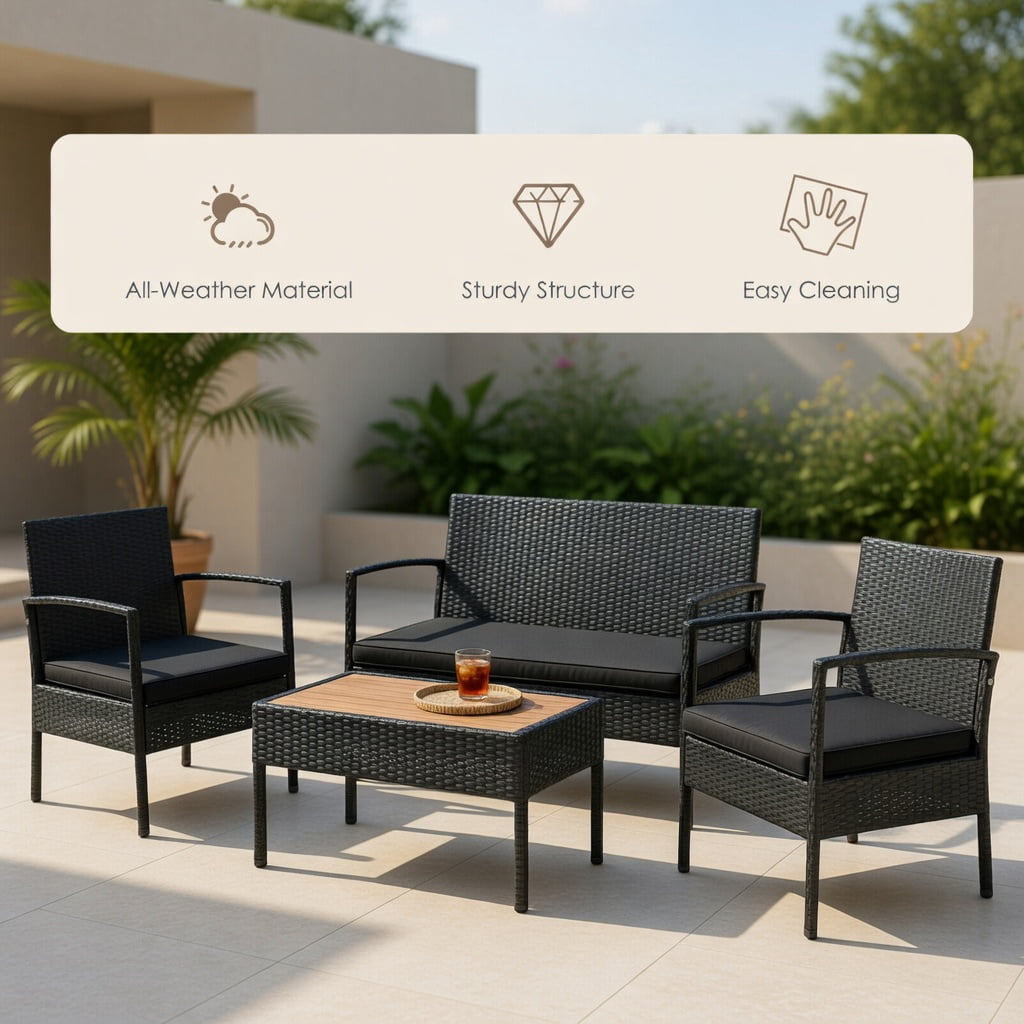 Hommoo 4-Piece Outdoor Rattan Patio Furniture Set with Acacia Wood Coffee Table, Wicker Sofa & Loveseat with Removable Cushions for Backyard, Balcony, or Poolside, Black