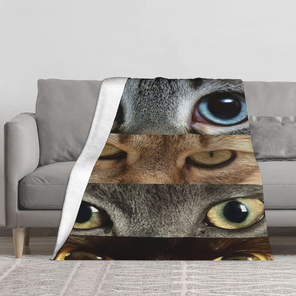 Cozy Flannel Throw Blanket Vintage Spliced Multicolored Cat Eyes Realistic Print Soft Warm Decor Blanket for Indoor Bedroom Sofa Living Room