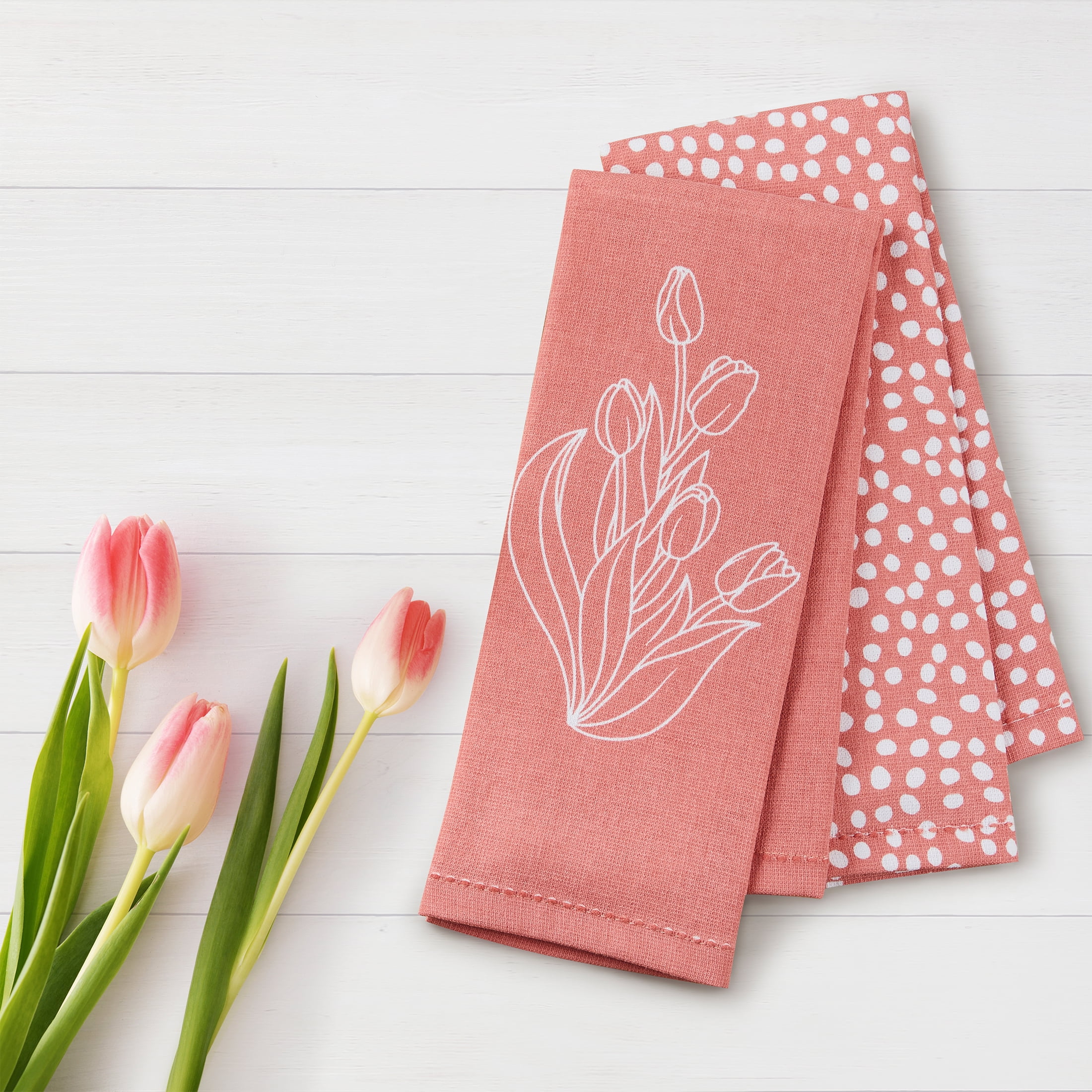 Way to Celebrate Tulips 15" x 25" Cotton Kitchen Towels, 2 Pieces, Pink/White