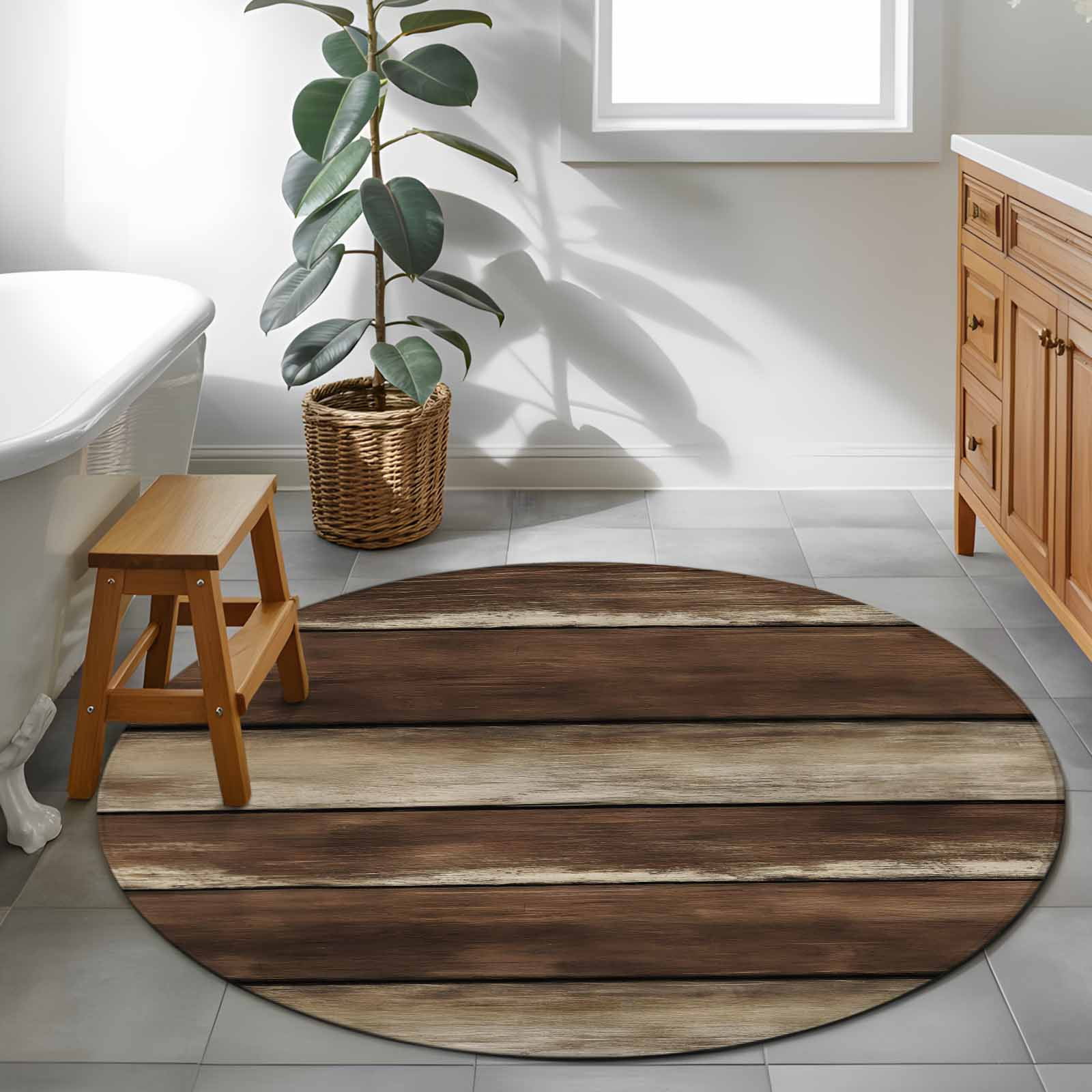 Round Area Rugs Collection 4 Ft, Brown Wooden Non-Slip Residential Carpet, Vintage Farmhouse Retro Art Indoor Crawling Mats Runner Rugs for Living Room/Dining Room/Bedroom