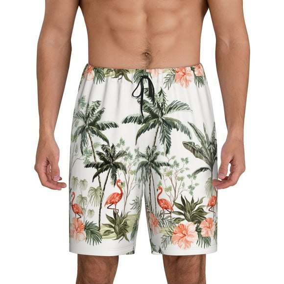Balery Flamingo Palm Trees Pantalones cortos de pijama de punto de algodón para hombre con cinturilla y bolsillos-X-Large