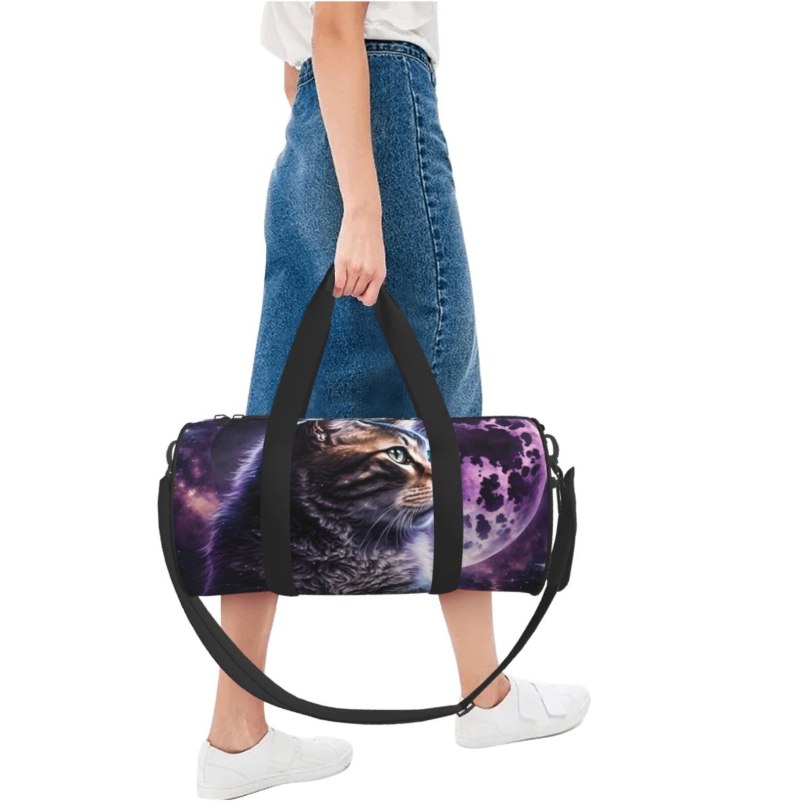 Hirioo Purple Moon Cat for Round Large Capacity Travel Luggage Bag Weekend Getaway Bag for Gym Beach Swim Bag Men Women