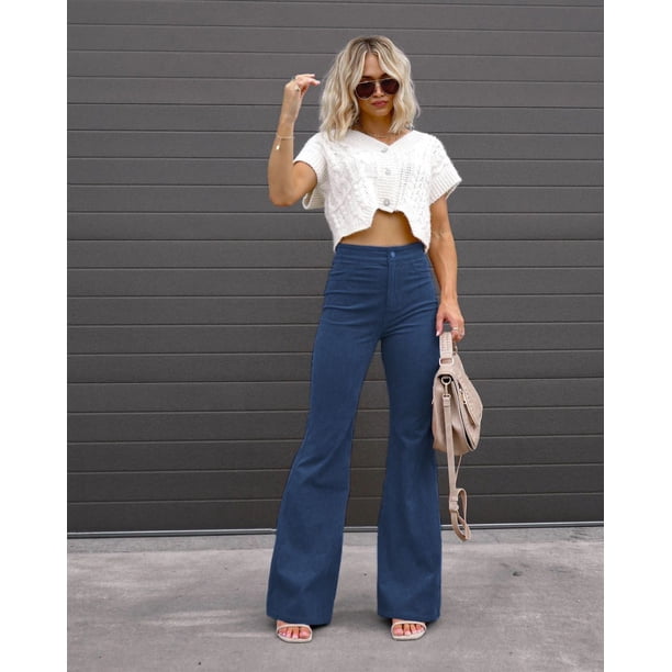 Pantalones casuales de pana de color sólido de primavera para mujer, pantalones micro elegantes de cintura alta, pantalones con botones