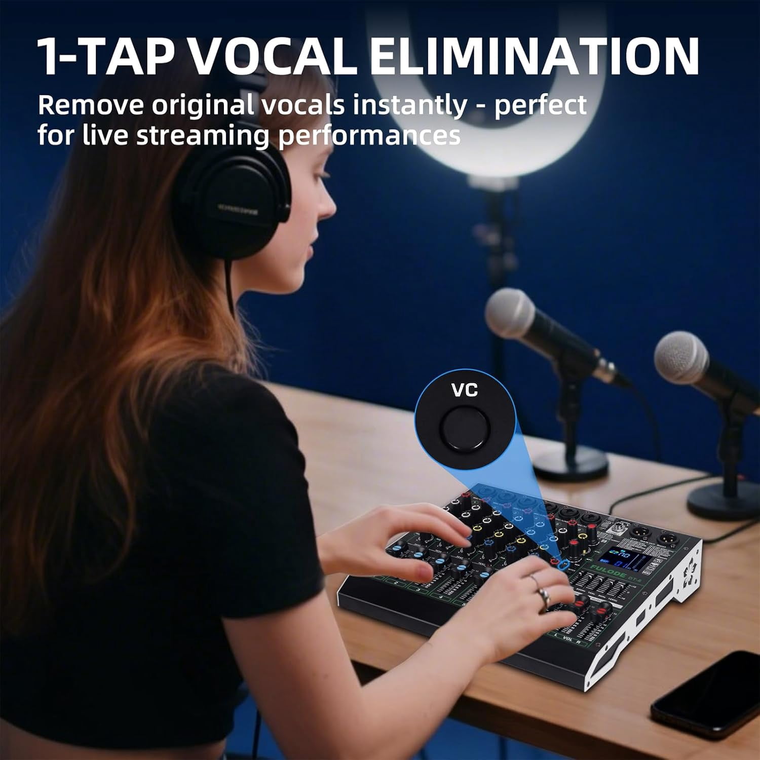 Professional DJ Audio Mixer,6 Channel Sound Mixing music Board With 99 DSP Effects,Console System PA Mixer with Bluetooth,w/USB,48V Phantom Power,Vocal Removal for Live Streaming Studio(DT-6)
