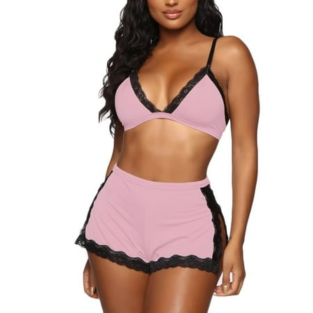 FRSASU Pajamas for Women ClearanceNew Women Lace Bra Shorts Lingerie Set Lingerie Sleepwear Pajamas Underwear Pink 10(XL)
