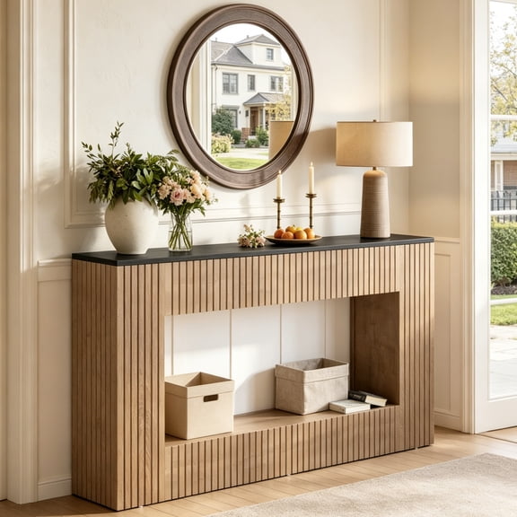Fnova 55" Modern Console Table with 2-Tier Storage, Farmhouse Wood Entryway Table, Narrow Sofa Table for Living Room, Hallway, Behind Couch