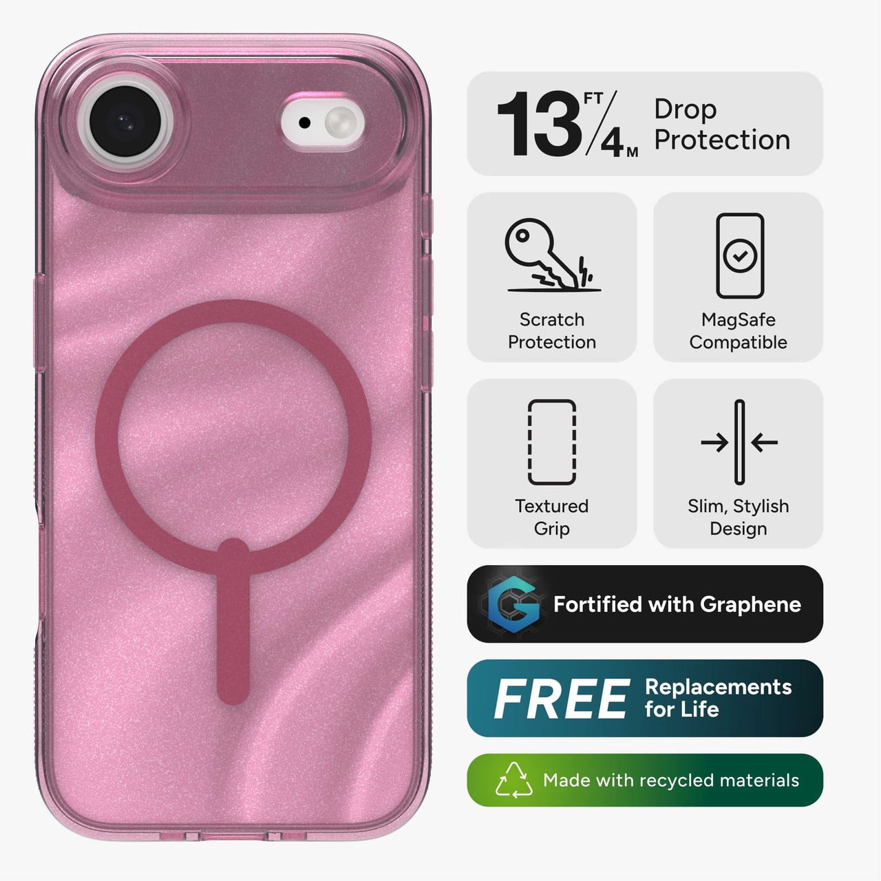 ZAGG Milan Snap Case For iPhone Air - Pink Glimmering Wave Graphene Strengthened Phone Case with Drop Protection (13ft/4m) Textured Edges & Sparkle Design MagSafe Charging Compatible