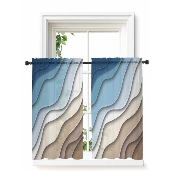 Navy Blue Brown Ombre Tier Curtains 45 Inch Length,Sheer Curtains for Bedroom Living Room Window Modern Geometric Abstract Cream Voile Drapes Kitchen Curtains Small Half Window 27.5"x45" 2 Panels