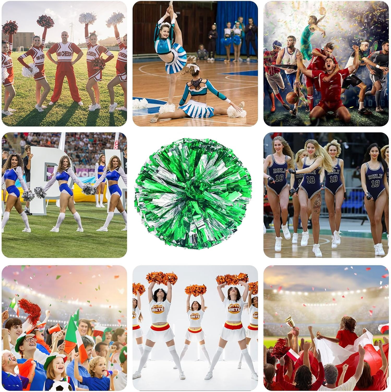 8 Pack pom poms Cheerleading,Cheerleading poms Sports Dance Cheer Plastic Pom Poms Cheerleading for Sports Team Spirit (Green+Silver)
