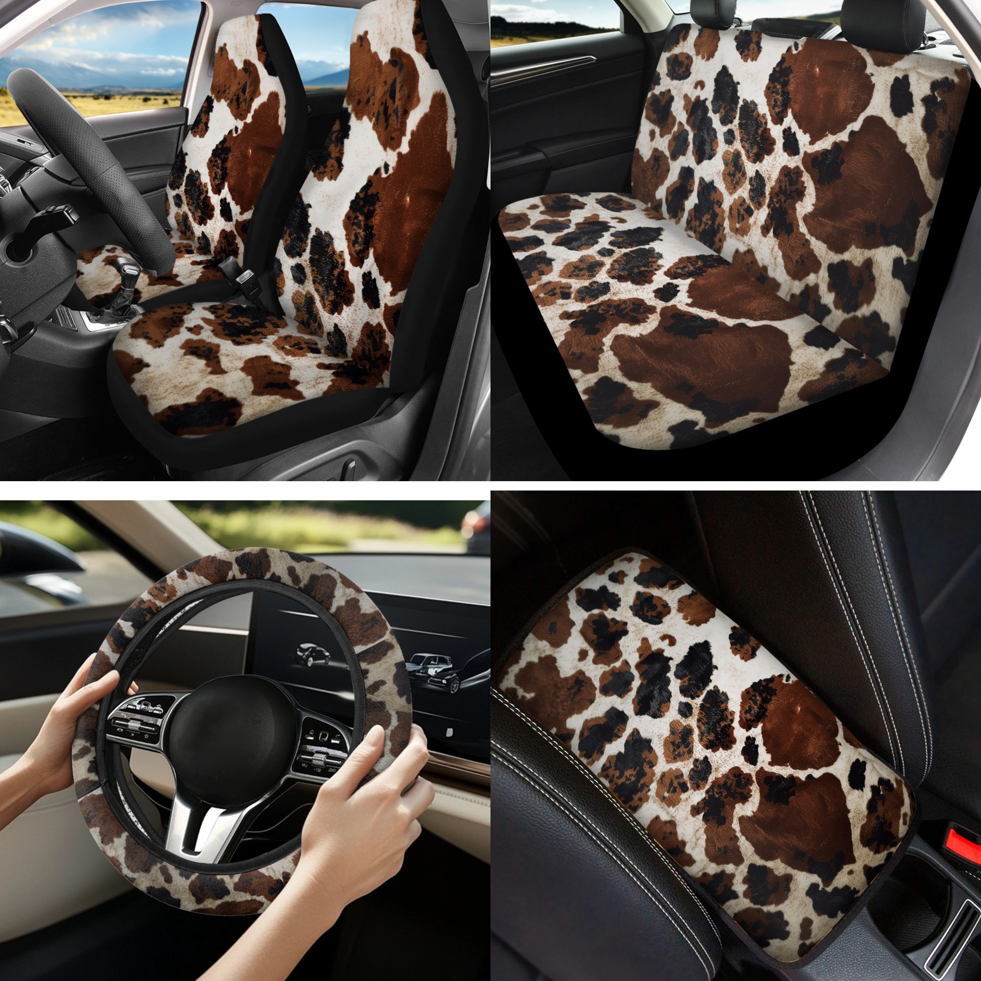 Jeiento Brown Cow Print Auto Seat Cover Full Set 13 Pack Universal Car Accessories Set Steering Wheel Cover Armrest Pad Seatbelt Pad Cup Mat Keychain Fit for Most Vehicles