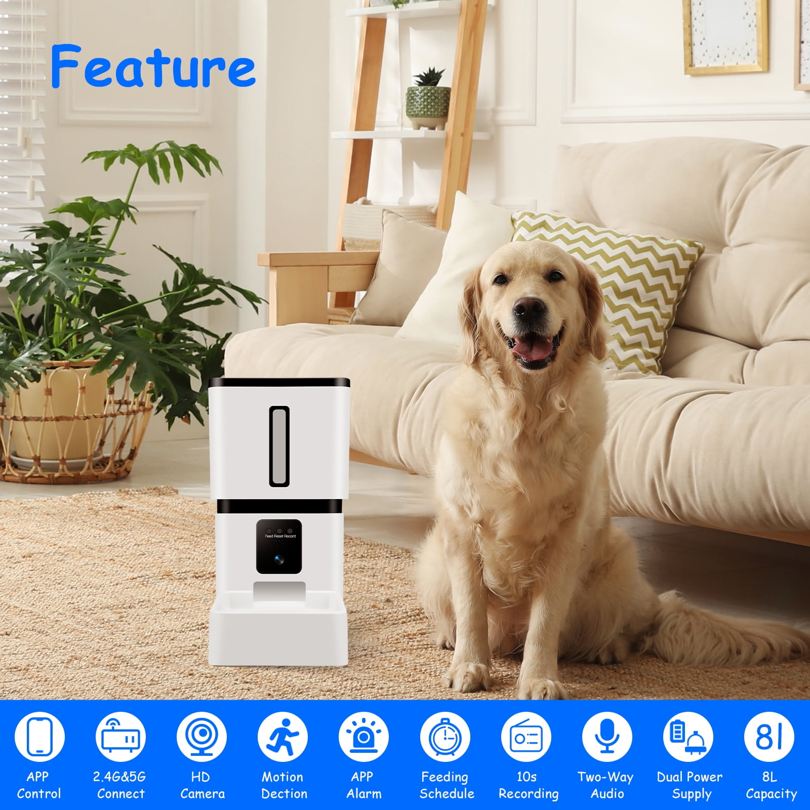 Tovendor Automatic Pet Feeder with 1080P Camera, 8L Large Food Dispenser for pet and dog, 5G WiFi Connect 2-Way Audio APP Control Pet Timer Feeder