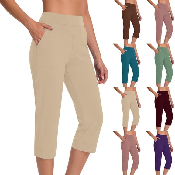 Tqcoqu Womens Capri Pants High Waisted Straight Leg Yoga Leggings with Pockets Workout Summer Pants,Army Green,Women's S-XXL