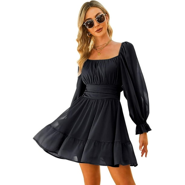 Vestido de mujer con cuello cuadrado, volantes y mangas largas tipo farol con cordones$ Vestido mini informal con cintura elástica$ Vestido de gasa con encaje, lazo en la espalda, mangas