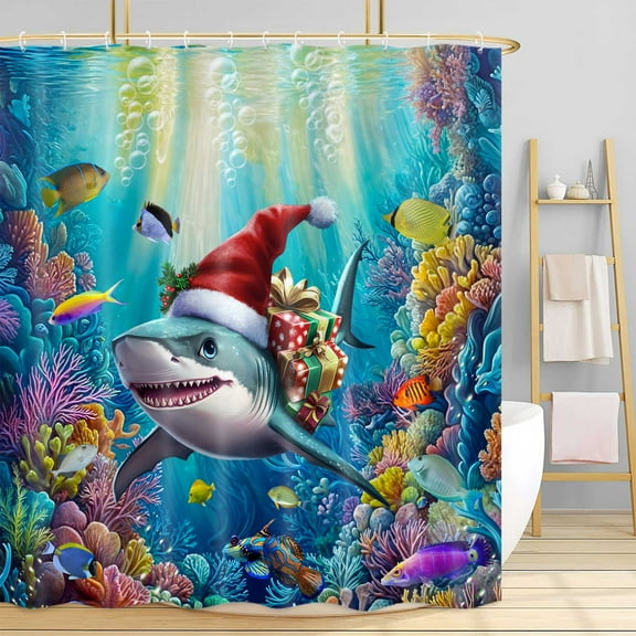 Funny Christmas Shark Shower Curtain, Underwater Ocean Fun Santa Hat Bath Curtain, Winter Kids Bathroom Accessories Colorful Tropical Fishes Coral Bathroom Curtains Set Hooks,72X72in