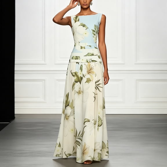 Morttic Women's Elegant Floral Print Sleeveless Evening Gown – Vintage Spliced High Waist A-Line Maxi Dress Back Zipper Blue,XS