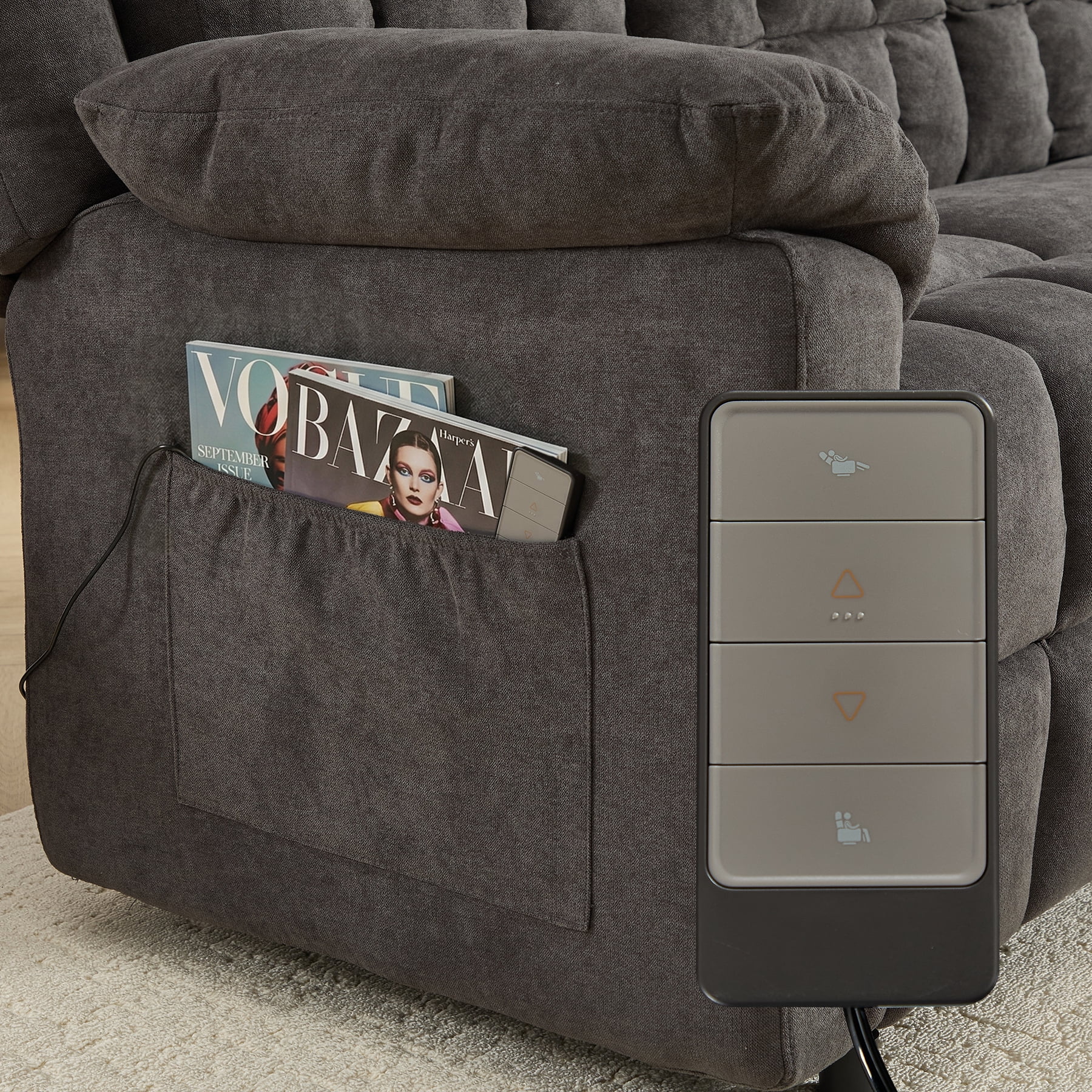 Ebello Fabric Recliner Sofa Set, Manual Recliner Chair with Massage & Heat, 3-Seat Power Recliner Sofa with Side Pockets for Living Room, Gray
