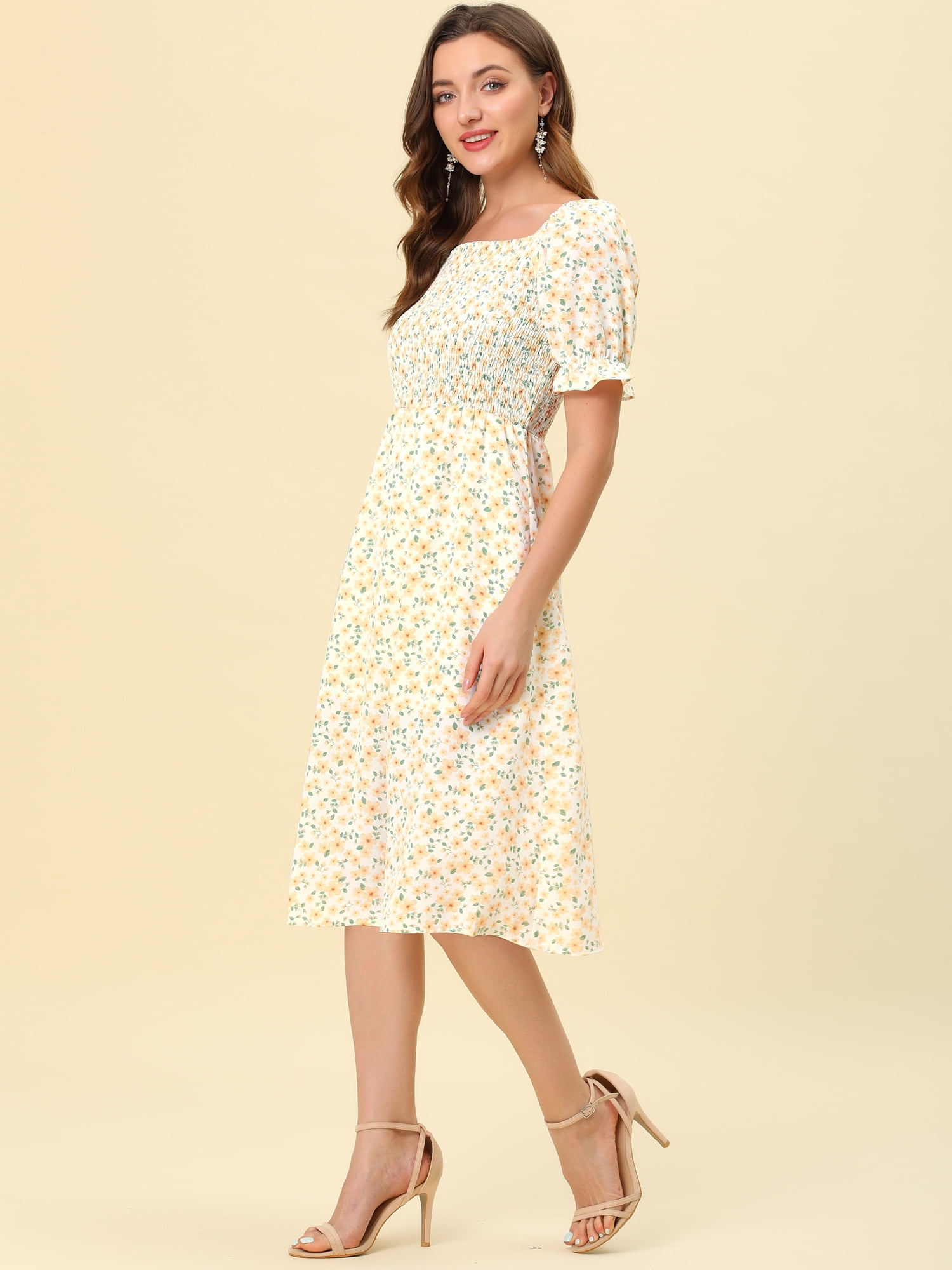 DARING DIVA Women's Cottagecore Floral Dress Puff Sleeves Smocked Dresses 3XL Orange