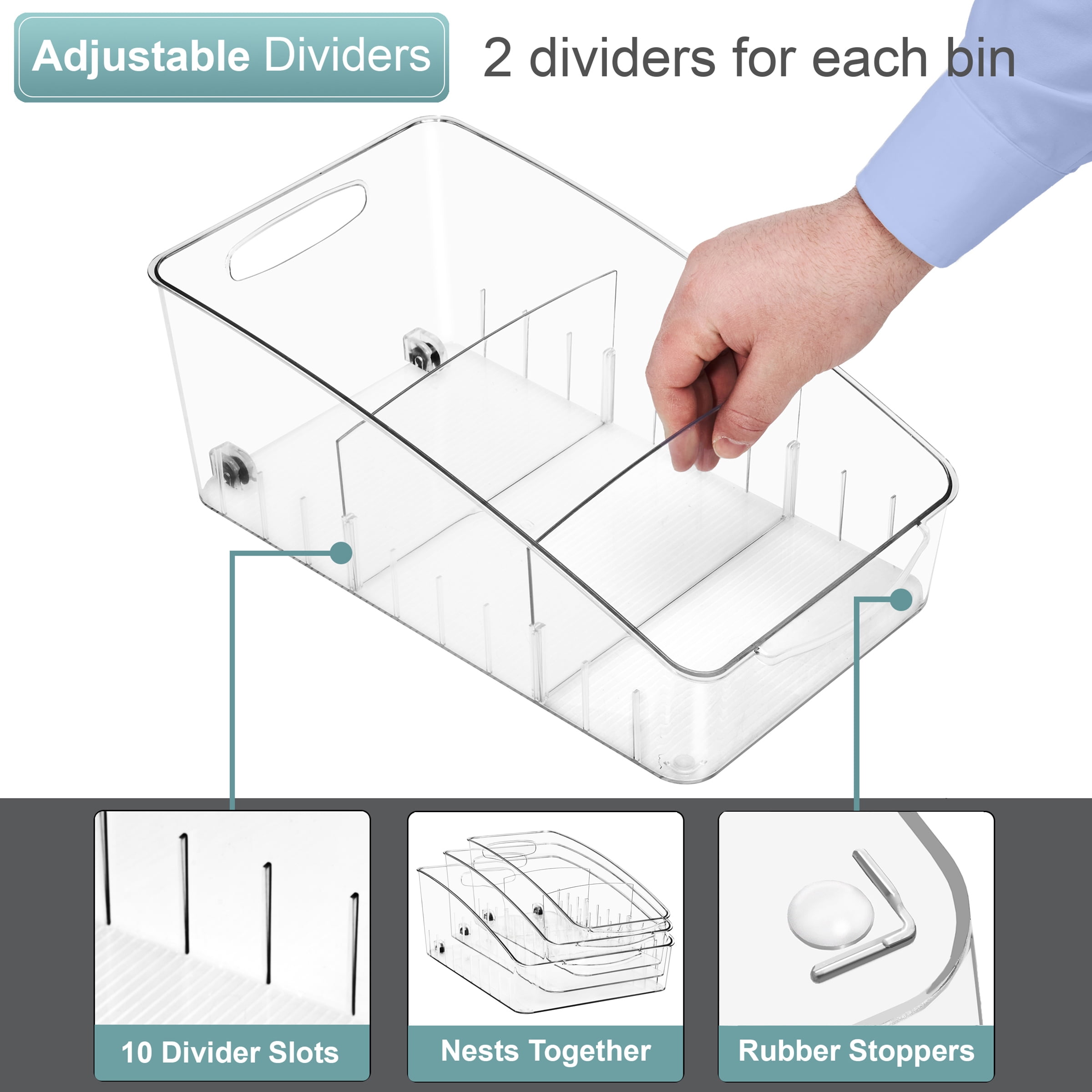 Sorbus Rolling Fridge Organizer Bins, Clear Refrigerator Storage with Dividers & Handles, 3 Pc Set