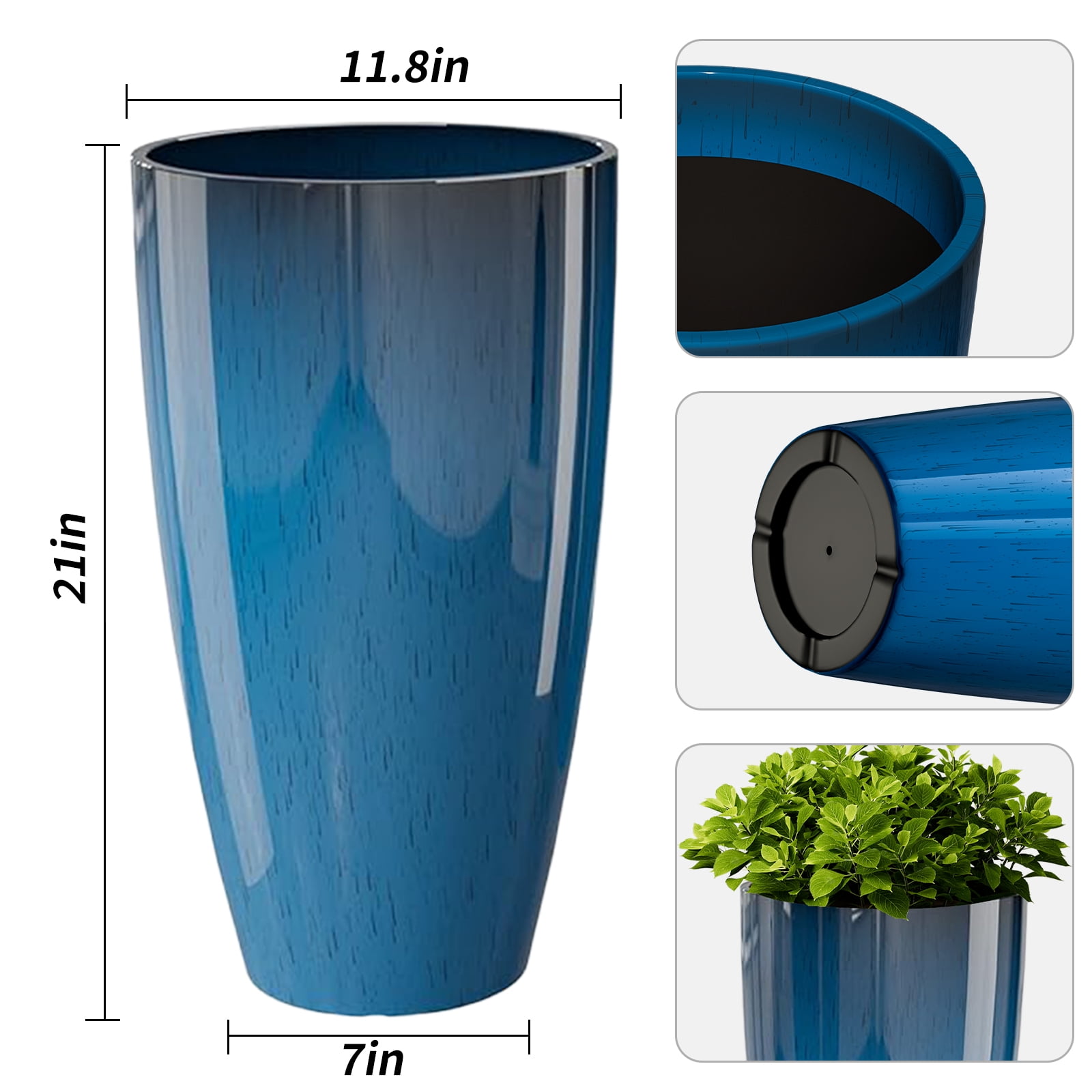 21 inch Tall Planters for Outdoor Plants Set of 2,Tall Plant Pots with Drainage Hole,Large Flower Pots for Indoor Front Porch Garden Home Patio,Blue