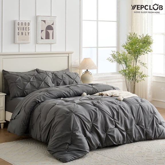 YEPCLUB Gray California King Size Pintuck 7-Piece Comforter Set, Pinch Pleat Bed in a Bag, All Season Down Alternative Bedding Set with Comforter, Sheets, Pillowcases & Shams