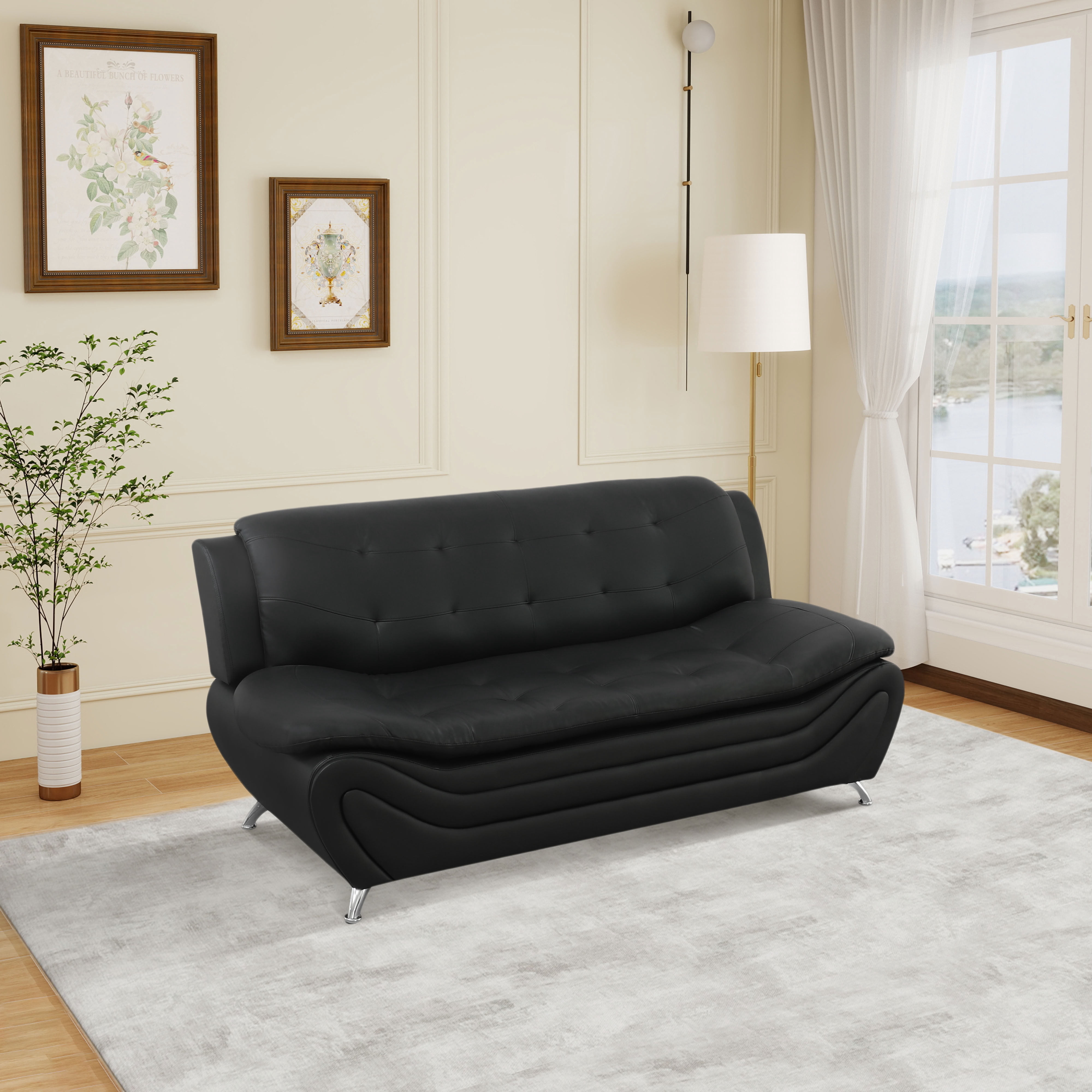 MAYEERTY Breathable Faux Leather Reclining Sofa, 3-Seater Couch with Anti-Insect Solid Wood Frame for Living Room, Black