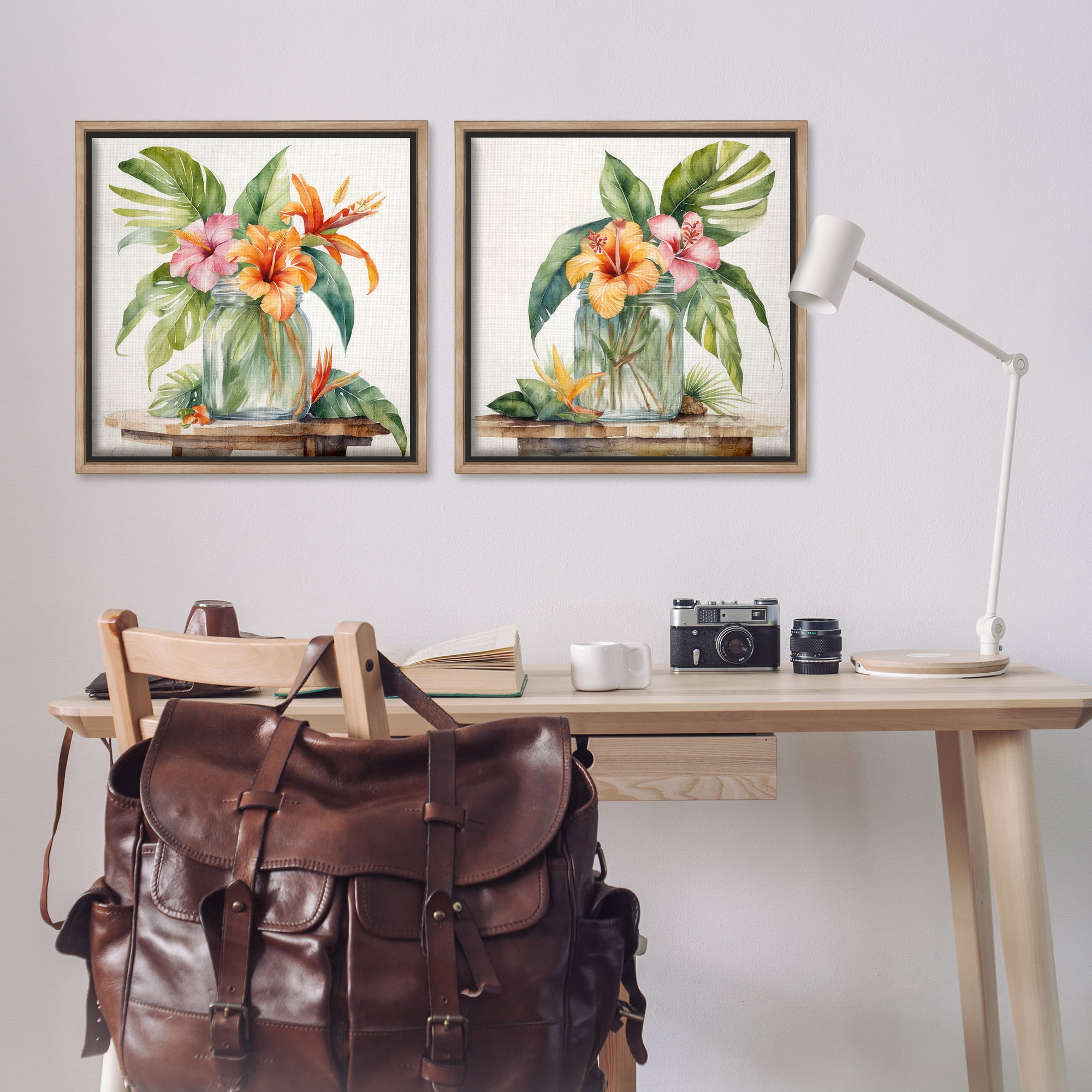 Stupell Industries Tropical Hibiscus Floral Jar Plants & Flowers Painting Brown Floater Framed Canvas Art Print Wall Art, 25 x 25, Set of 2