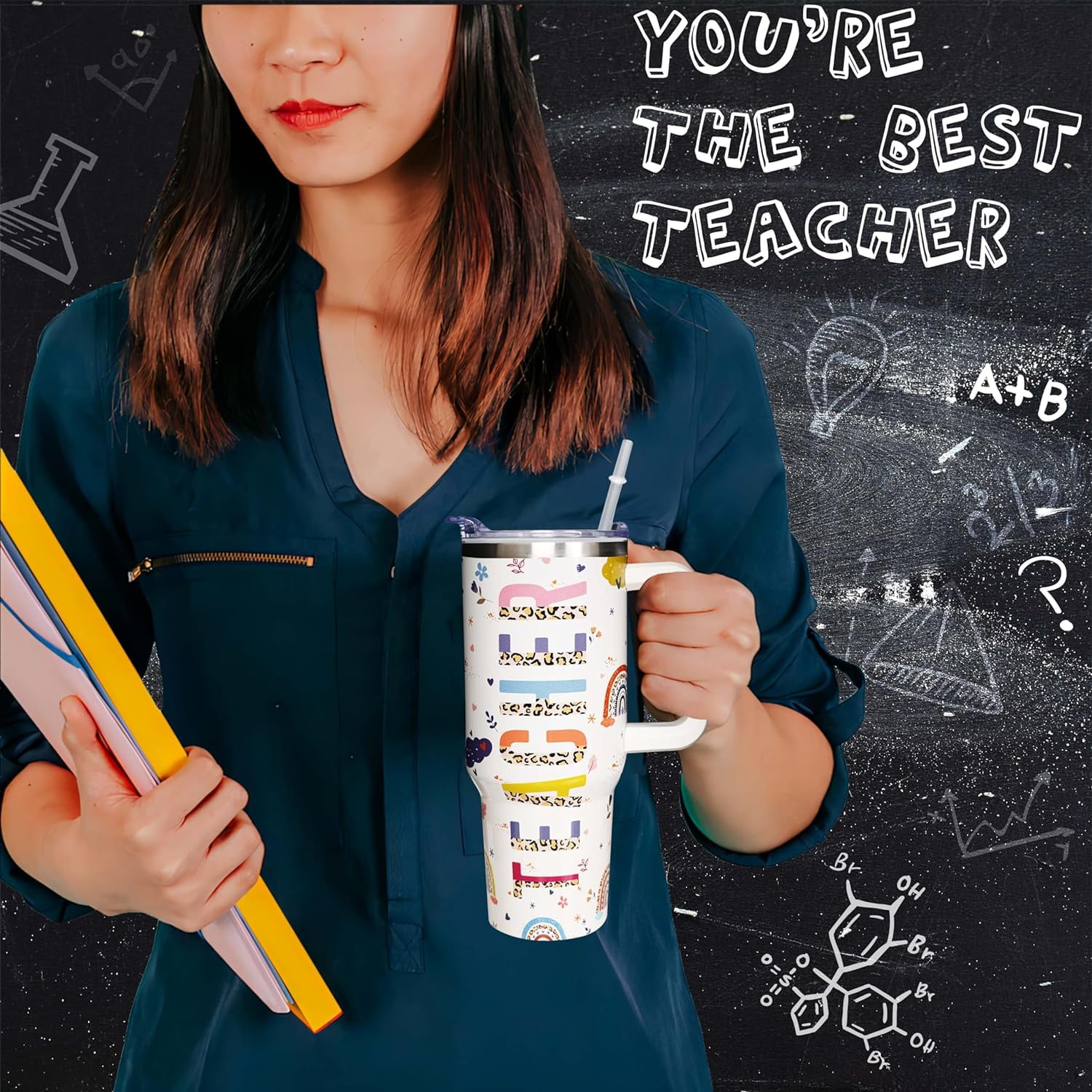 Teacher 40 oz Tumbler Appreciation Gifts for Women with Handle Insulated Stainless Steel Thank You Teacher Travel Coffee Mug with Lid and Straw Gifts