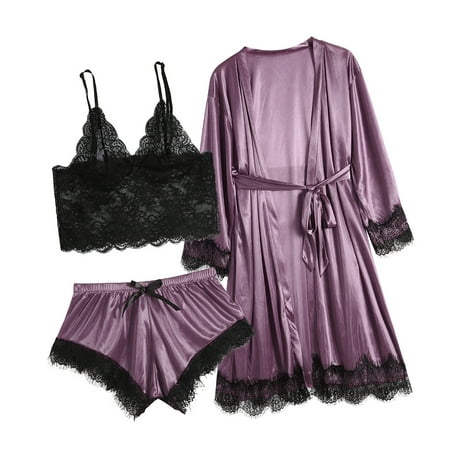 

Knosfe 3 Pack Nightgown Lace Cami and Shorts Set Sleepwear Pajamas Set Sexy Solid Color Pjs for Women