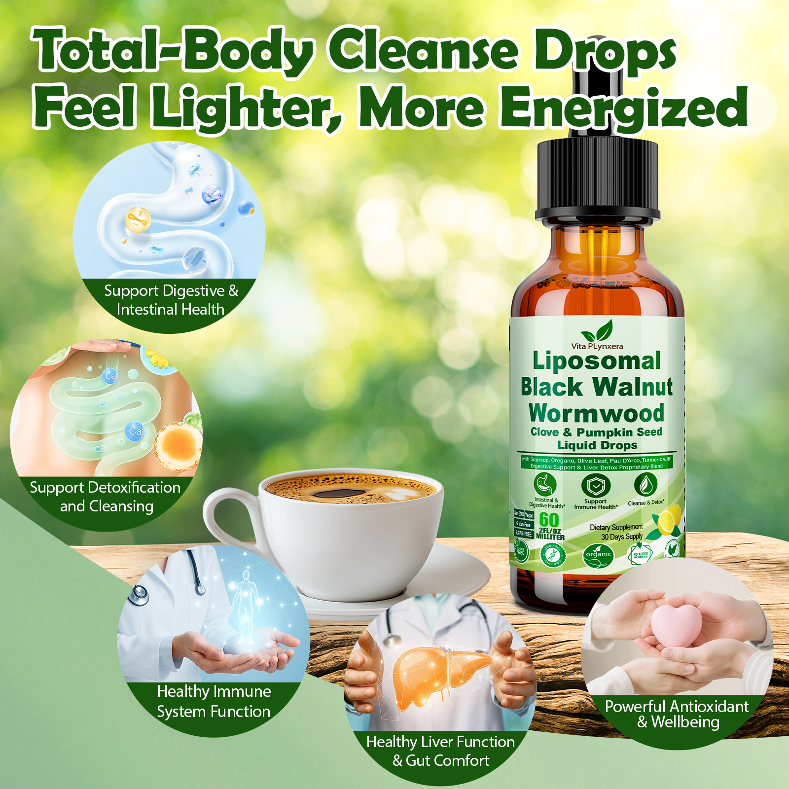 Vitaplynxera Black Walnut Wormwood Clove Cleanse Drops | 15-in-1 Organic Gut Detox for Men & Women | Liposomal Absorption