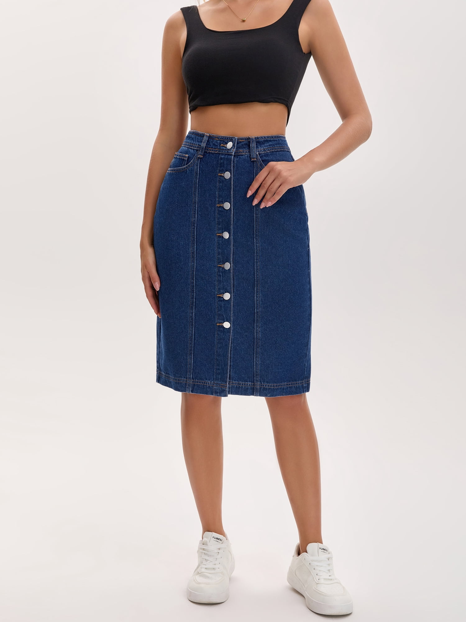 DARING DIVA Women's Denim Pockets Knee Length Jean Skirts XX-Large Deep Blue