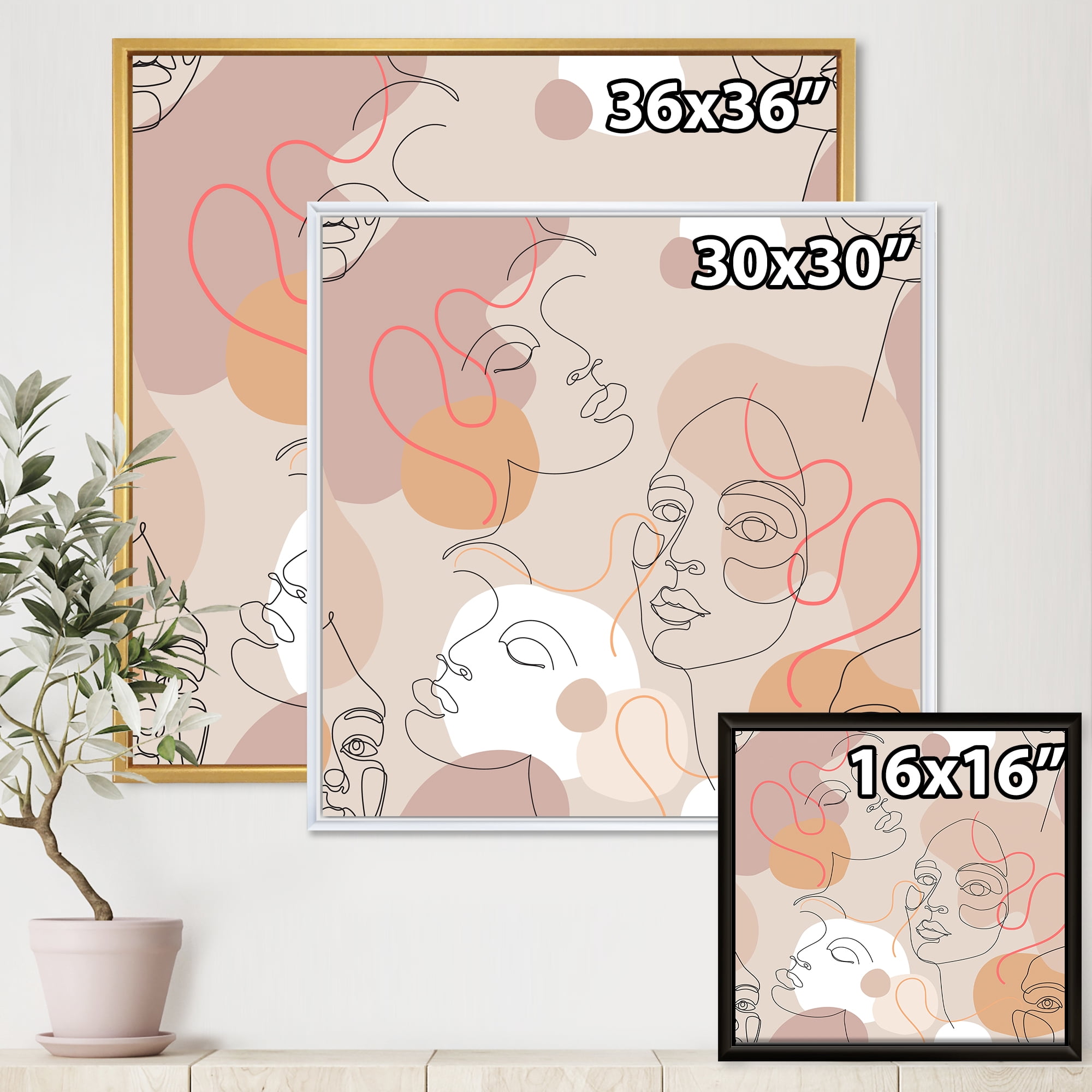 Designart 'Abstract Woman Portraits With One Line ' Modern Framed Canvas Wall Art Print