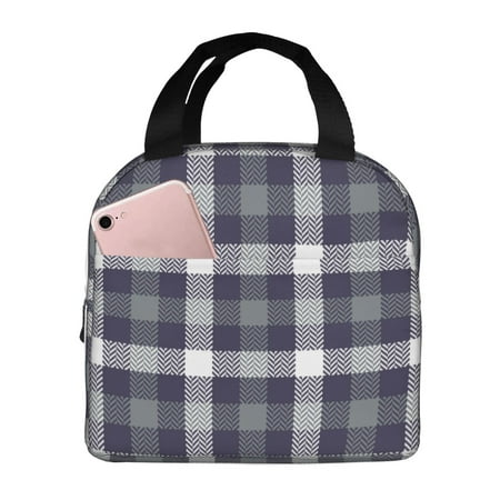 Insulated Lunch Bag for Women Men - Grey White Striped Plaid Leakproof Cooler Lunch Box for Women Men  Lunch Tote Bags for Work School Picnic Travel
