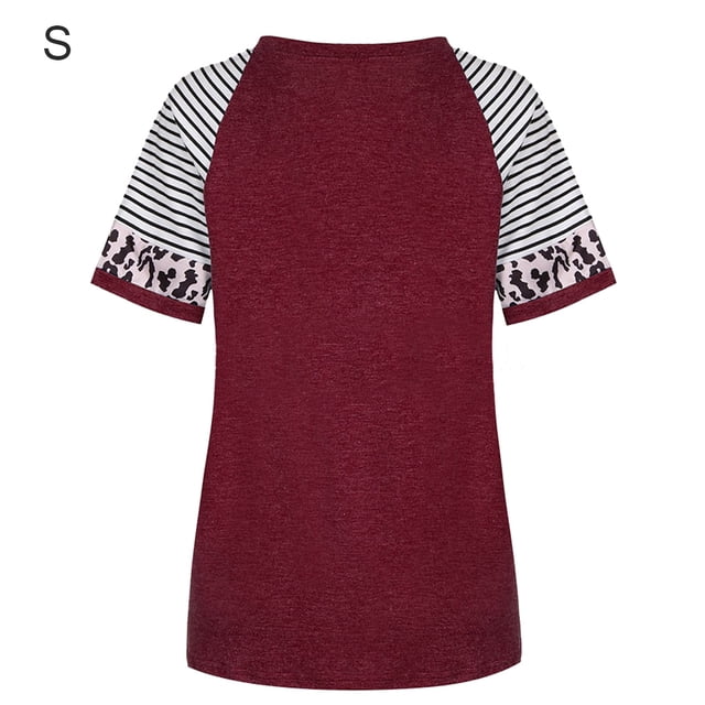 Camiseta de mujer Blusa de cuello redondo de manga corta con estampado de rayas, rojo vino, S kenally AP001776-26