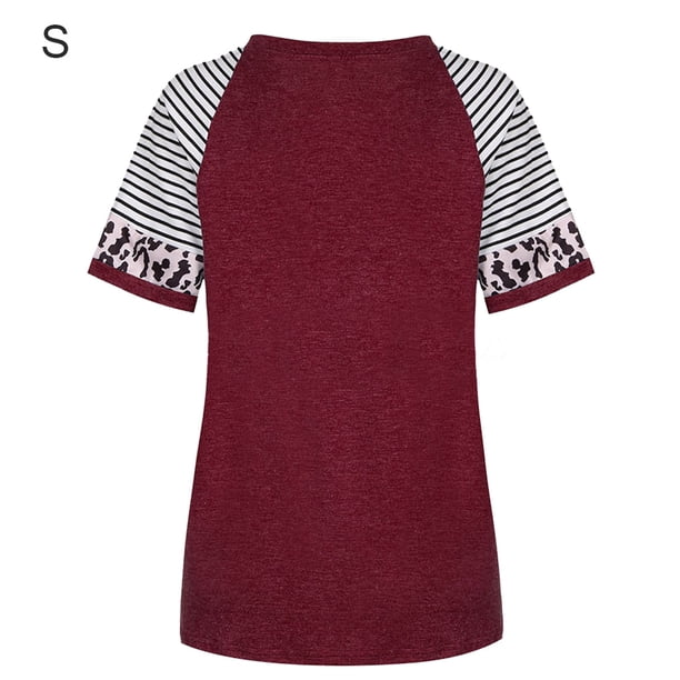Camiseta de mujer Blusa de cuello redondo de manga corta con estampado de rayas, rojo vino, S sidaley AP001776-26