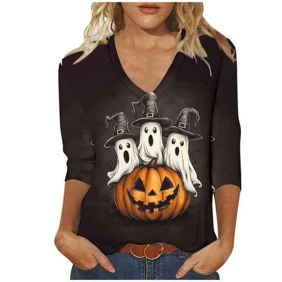 aohooy Funny Halloween Tshirts Women Three Quarter Sleeve Plus Size Graphic T-Shirts Holiday Festivel Party V Neck Tunic Tops Multicolor,L